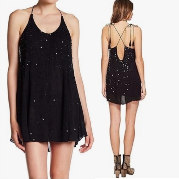 Free People Dresses & Skirts - Free People Intimately Black sequin tie shoulder Mini Dress M